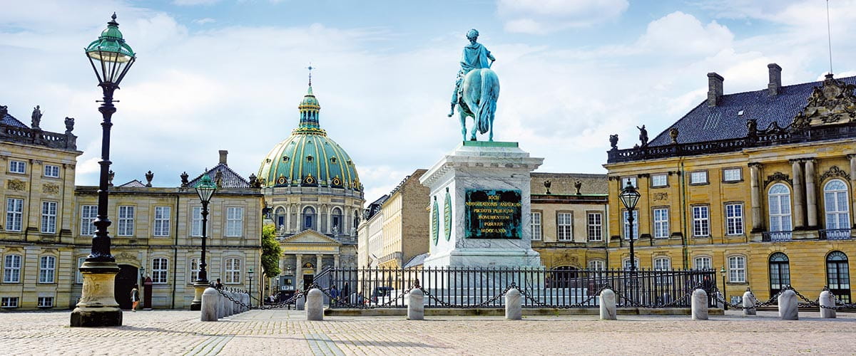 Buildings and statues in Amalienborg Square in Copenhagen, Denmark